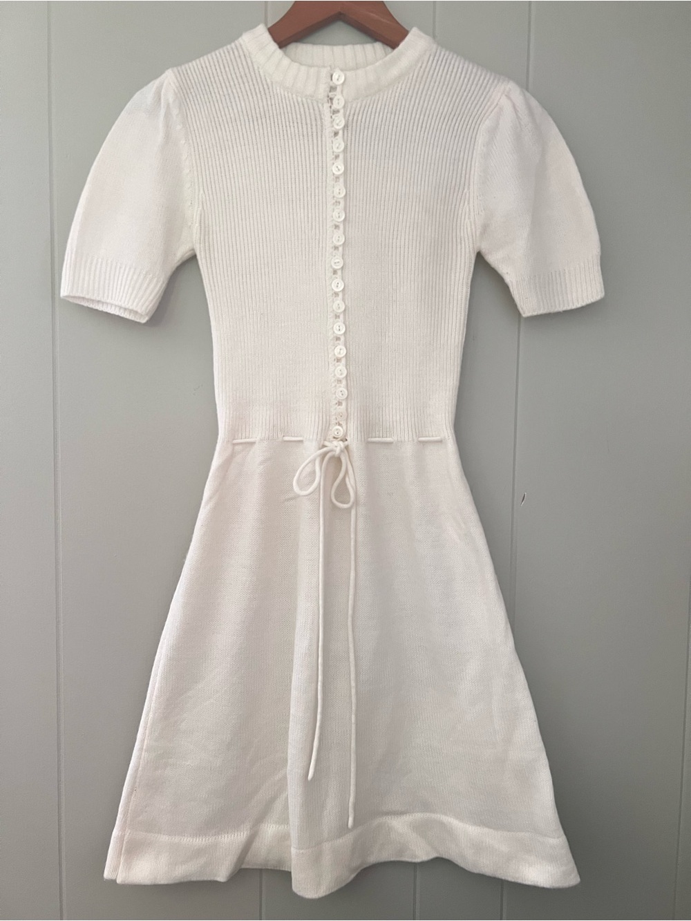 Vintage 70s White Knit Mini Dress Button Front Puff Sleeve Retro Cottagecore S - Picture 3 of 12